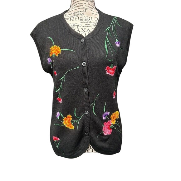 Bonnie Lee LeRoy Size Small Black Floral Embroidered Sweater Vest Cardigan Goth - Picture 1 of 10